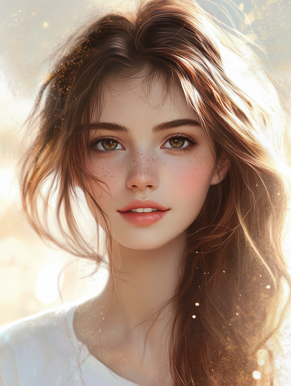 Young woman with wavy hair in anime style portrait.