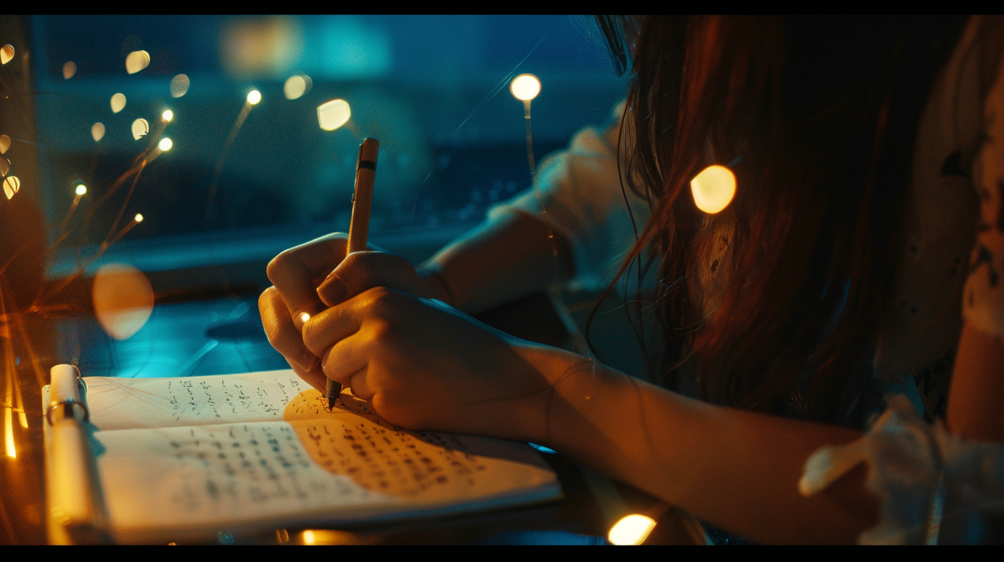 Young woman writes Japanese in warm, cinematic room.