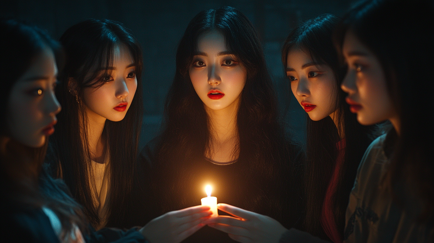 Young women gather around candle in dark room.