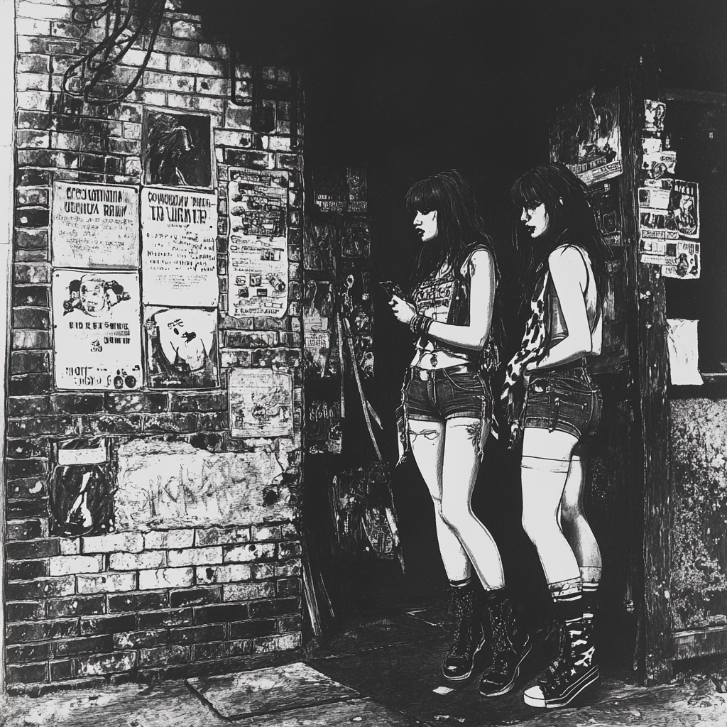 Young women in punk attire walk down alleyway