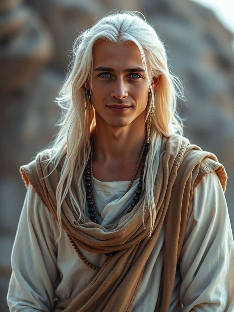 Youthful, Wise Man in Ethereal Whites Looking Away