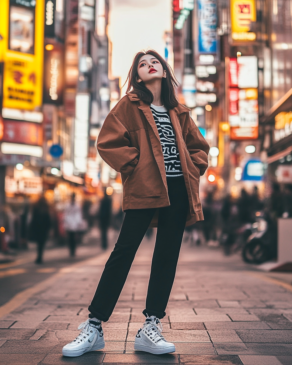 Youthful Japanese idol in city at sunset, confident stance.