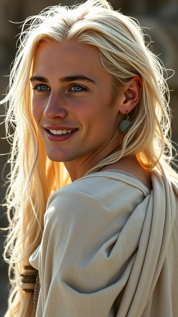 Youthful Man with Platinum Hair in Peaceful Attire
