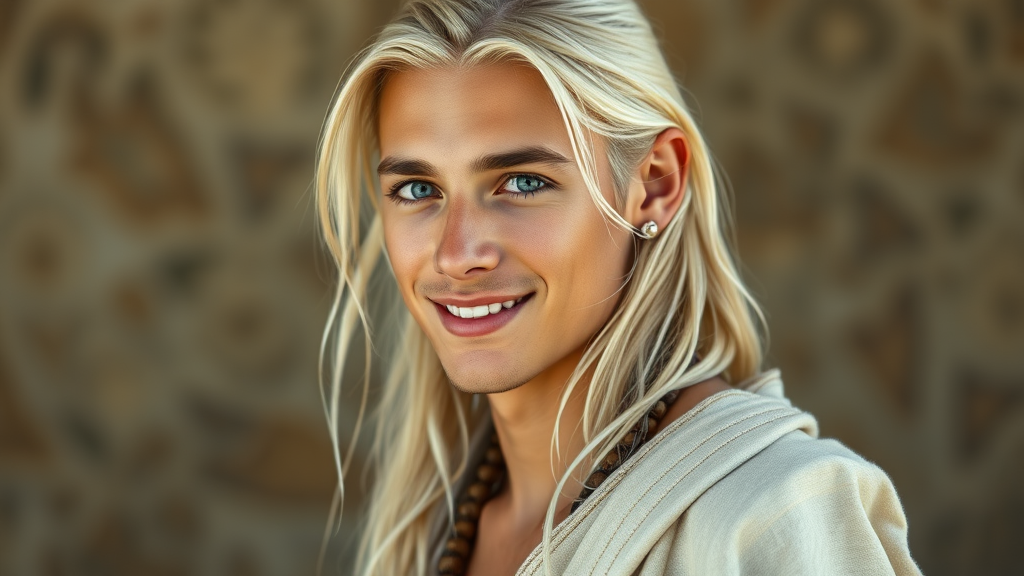 Youthful Man with Platinum Hair in Tribal Attire
