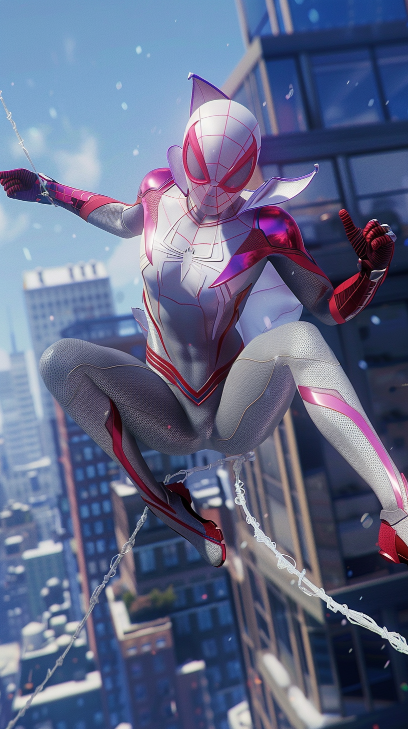 Youthful determination in pink and white Ghost-Spider suit.