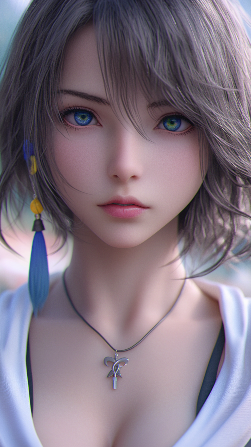 Yuna from Final Fantasy X, hyper realistic portrait, Canon Eos r50.