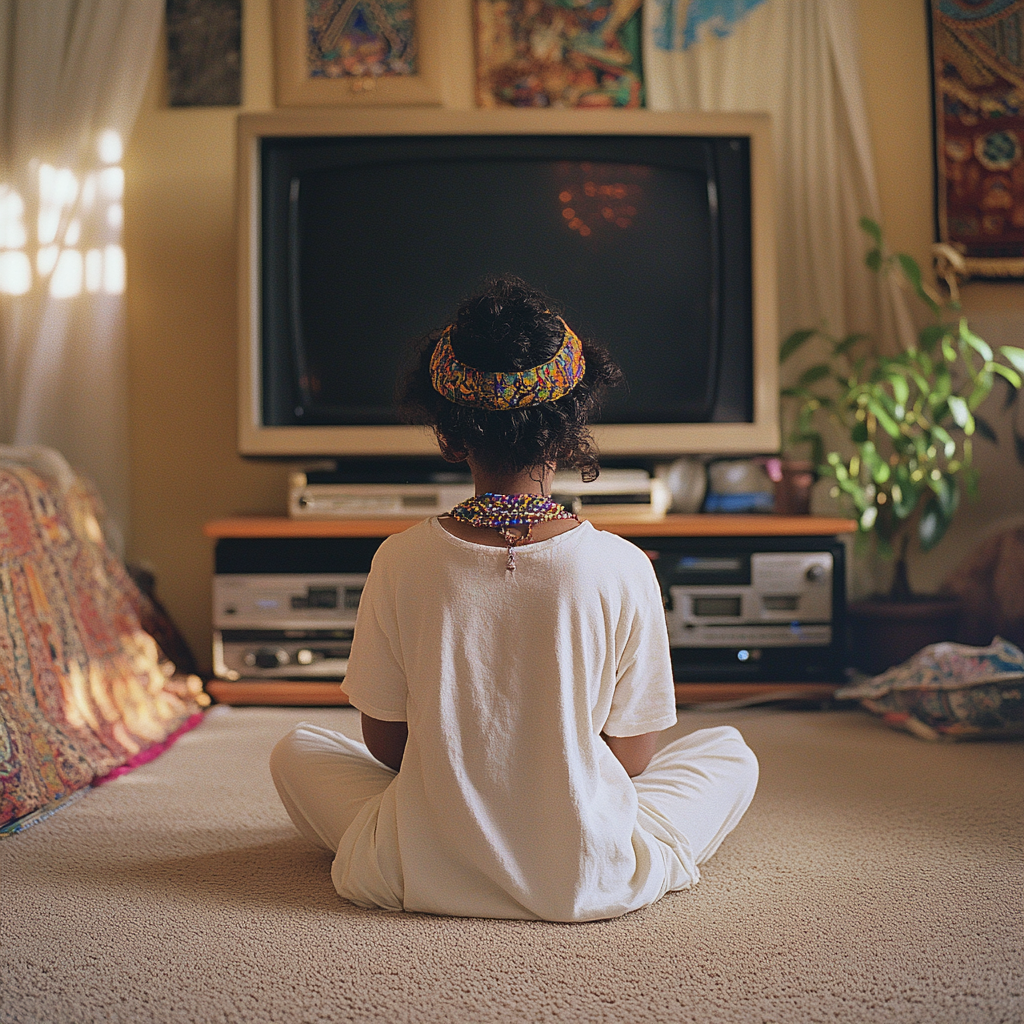 Zaha Ali, 7, plays Atari in culturally blended room.