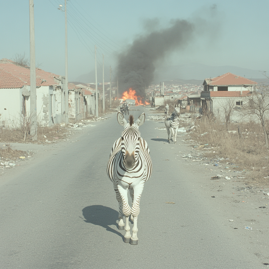 Zebras run in Turkish neighborhood with gangsters, fires.