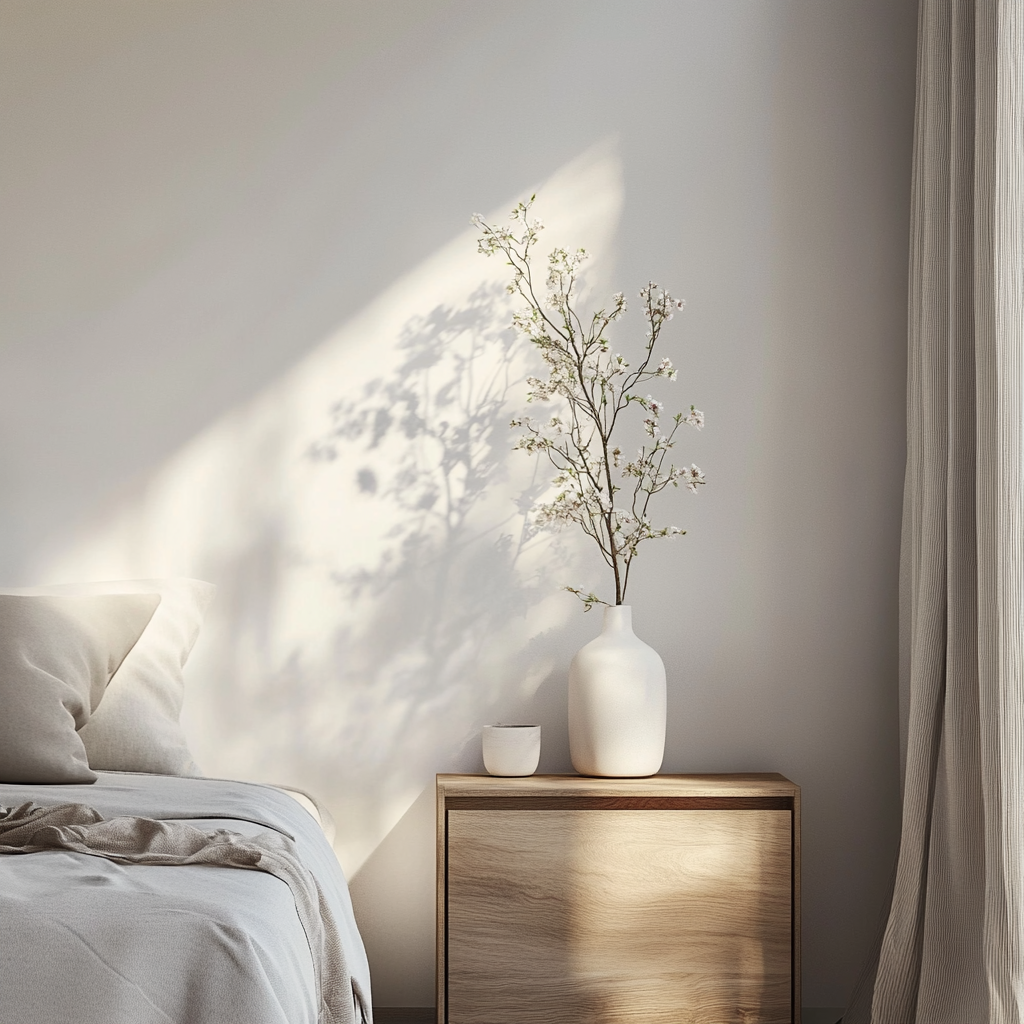 Zen bedroom with smooth white wall and minimalist dresser.