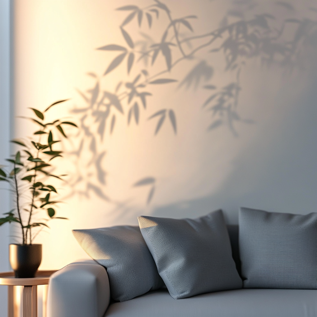 Zen living room with clean white wall, soft lighting.