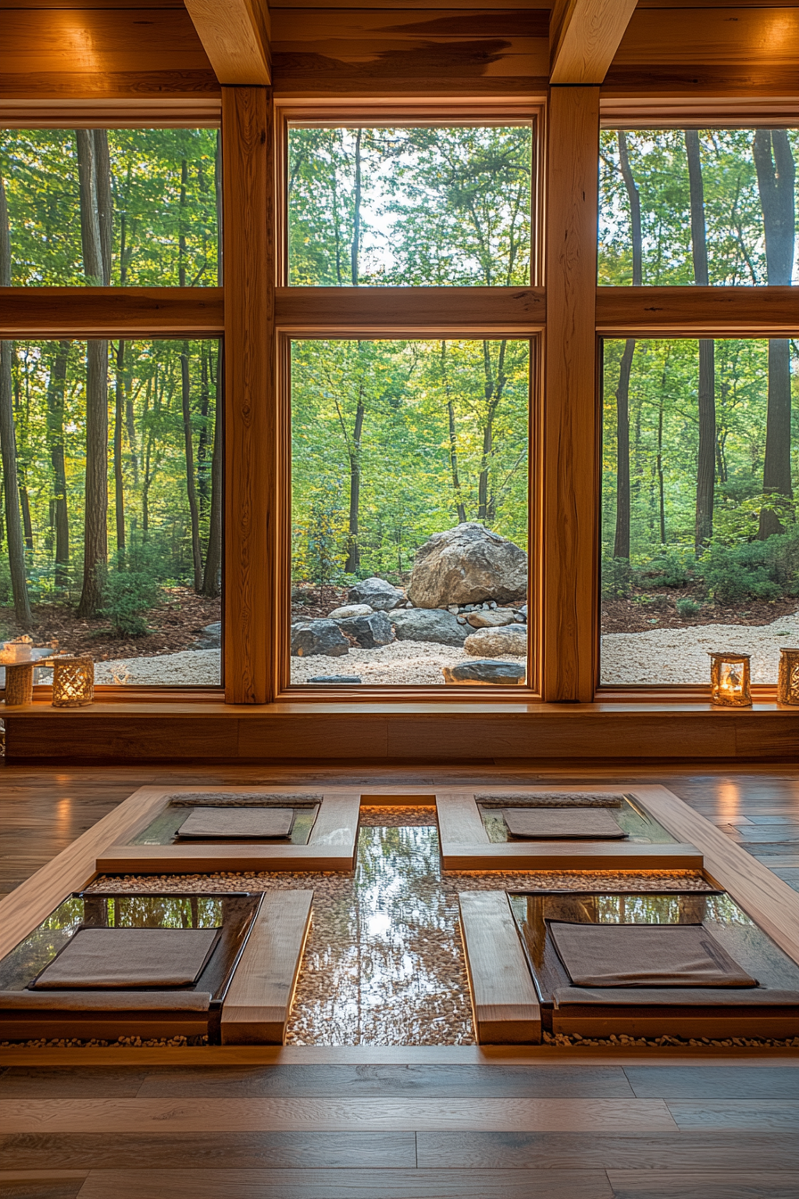 Zen sanctuary in small cabin with natural materials and light.