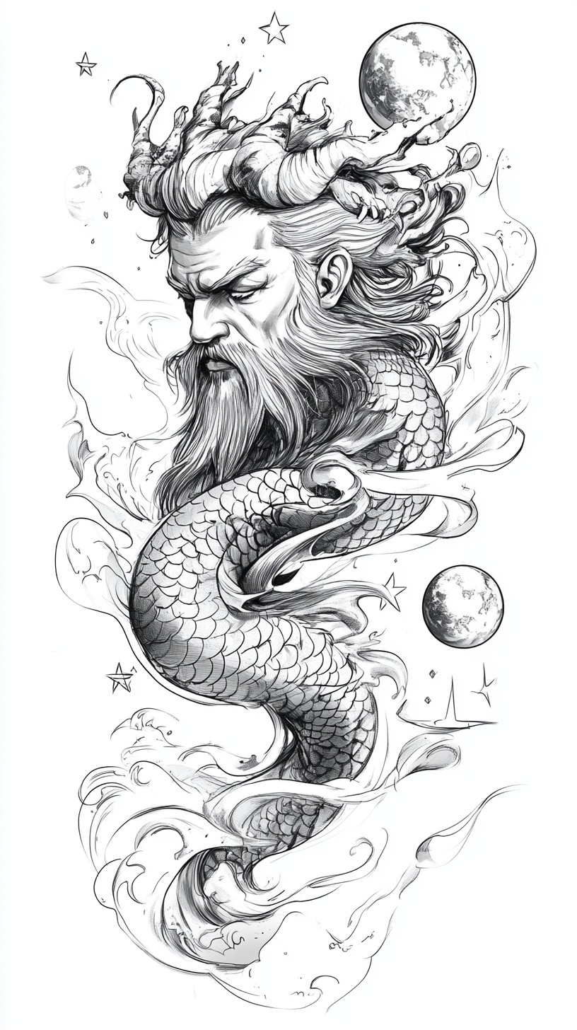 Tattoo Art Zeus, dragon, planets, stars, waves