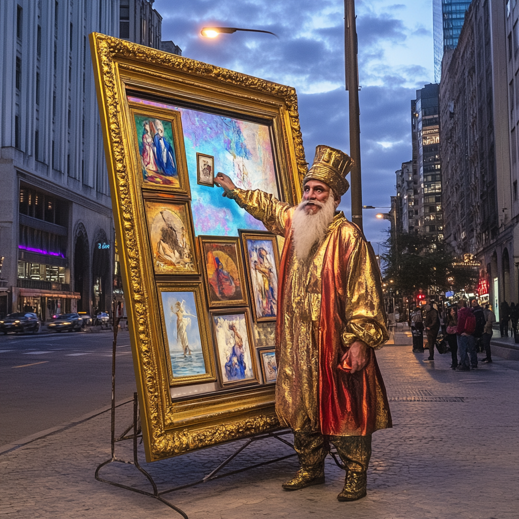 Zoltar breaks through art frame in city twilight.