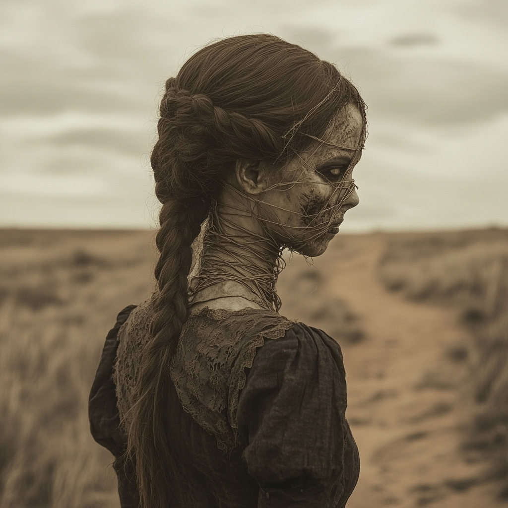 Zombie 20-year-old frontier woman on ghostly desert trail.