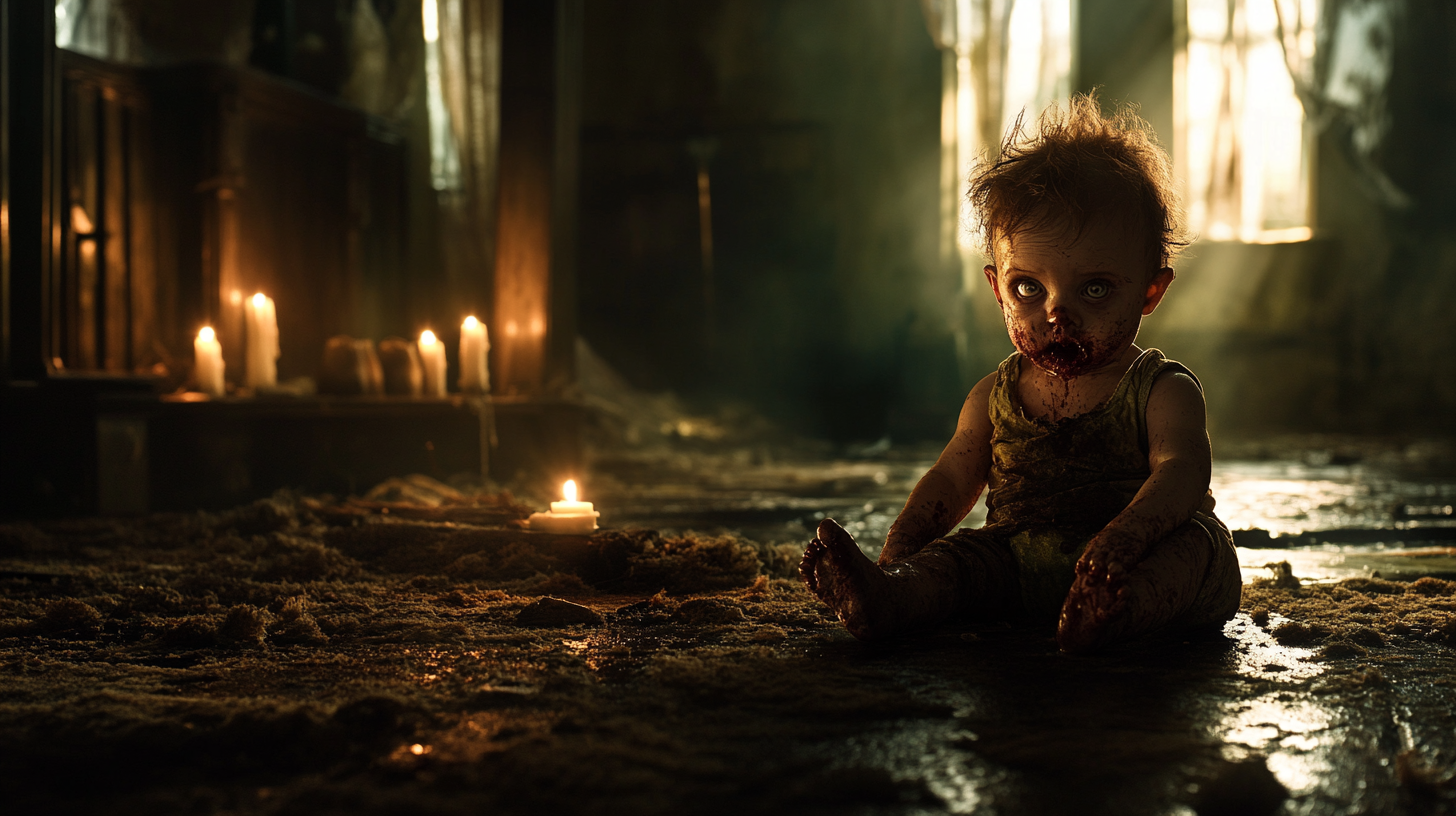 Zombie baby looks demonic on filthy house floor.