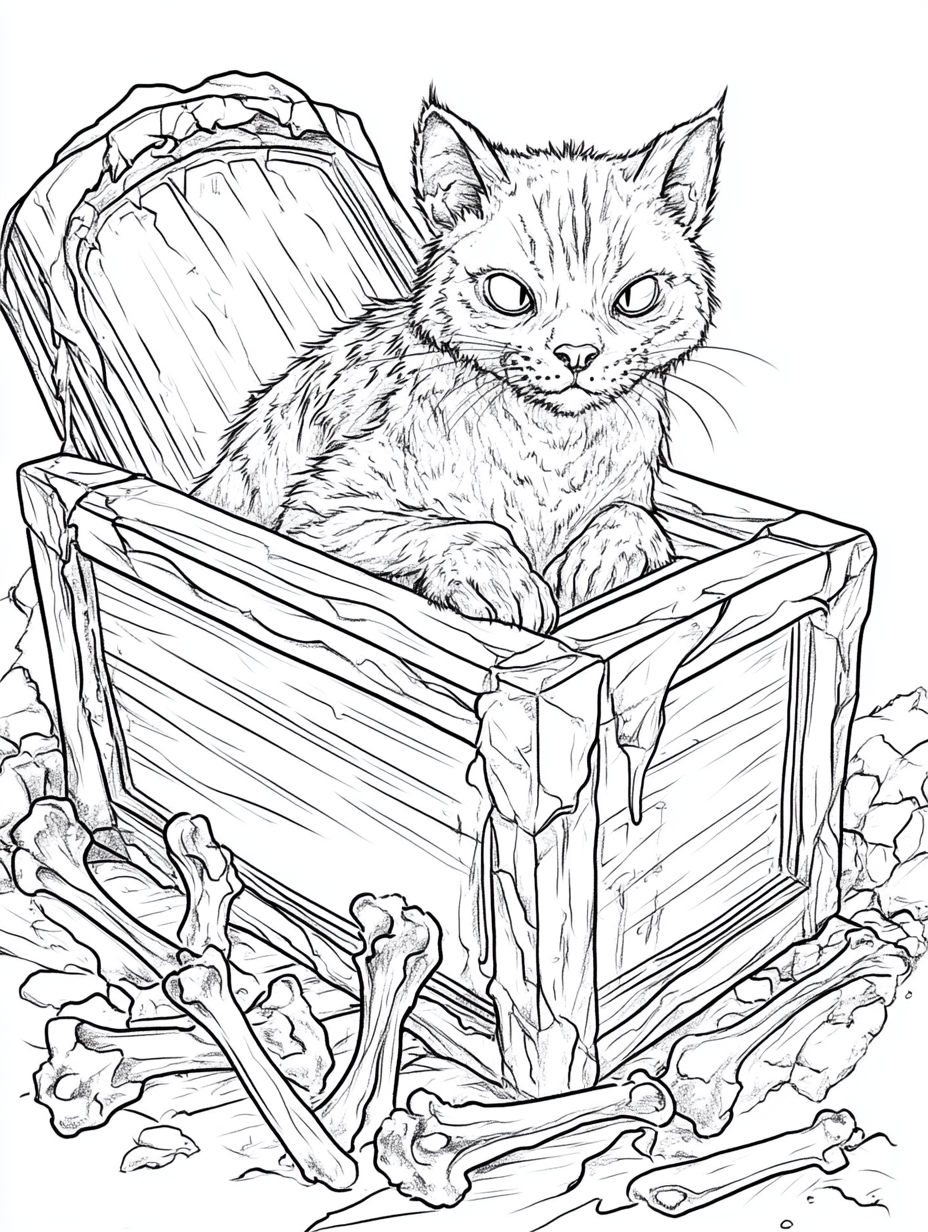 Zombie cat on broken coffin with bones, no shading.