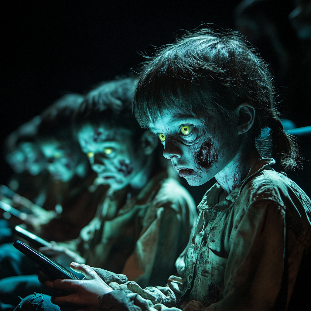 Zombie children staring at cell phones in dark theater.