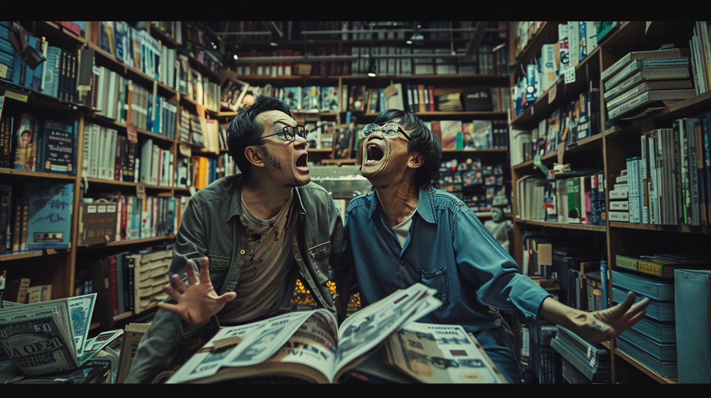 Zombie couple arguing in dramatic lighting with money notes.