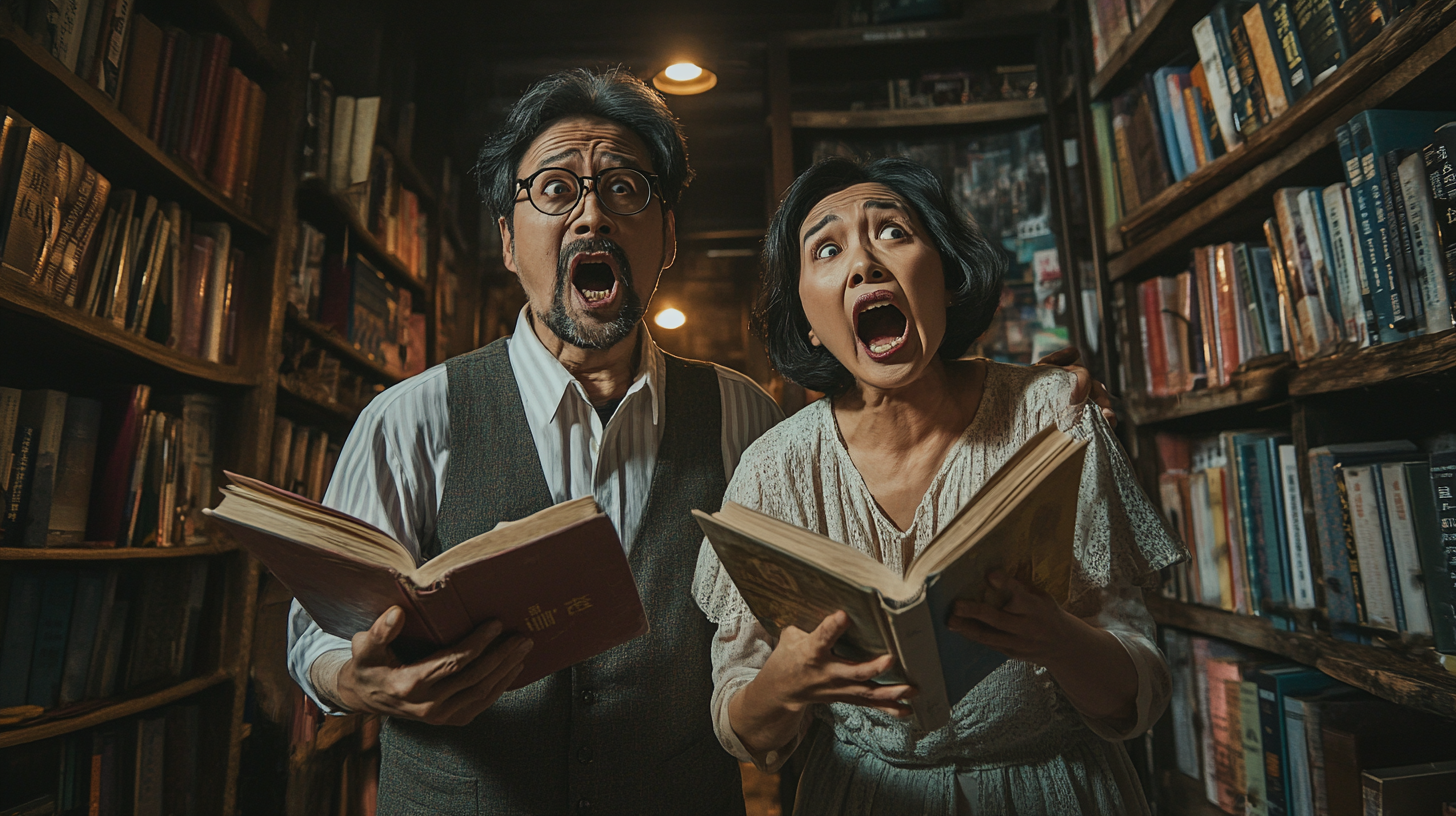 Zombie couple yelling at bookstore customers, dramatic lighting scene.