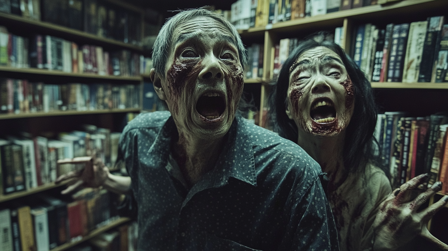 Zombie couple yelling at customers in dramatic bookstore scene.