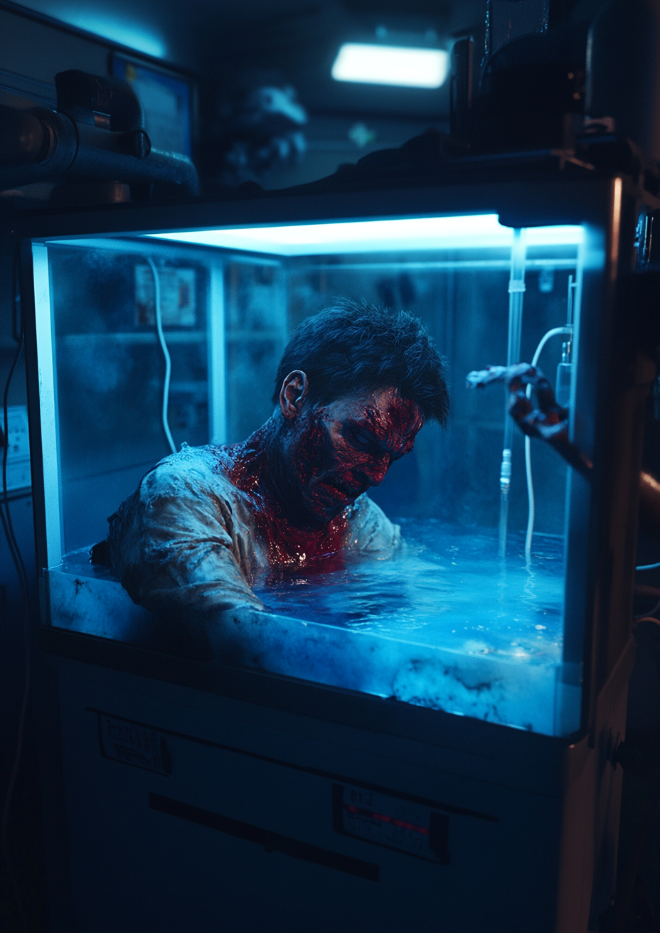 Zombie in Tank in Cinematic Laboratory, eerie lighting