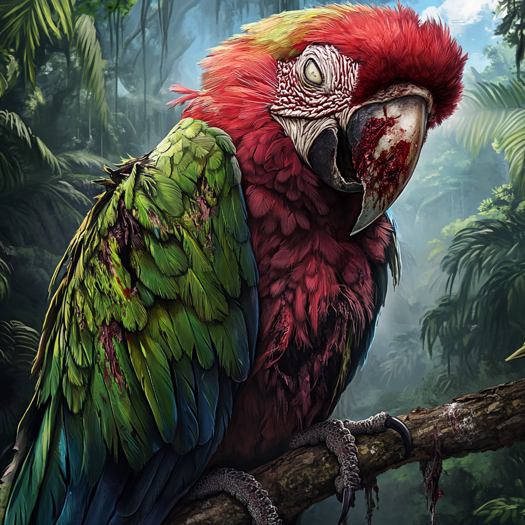 Zombie macaw parrot with ruffled feathers, missing skin.