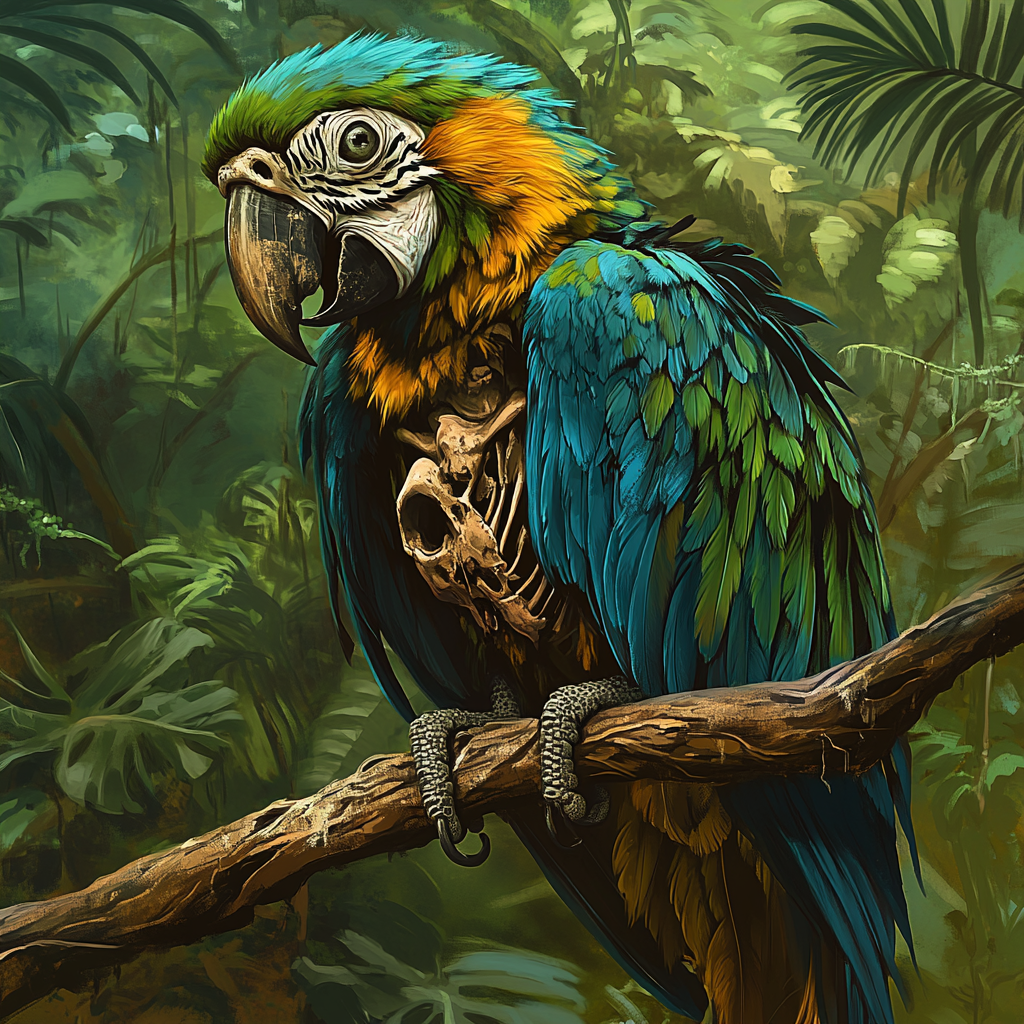 Zombie macaw with ruffled feathers perched on branch.