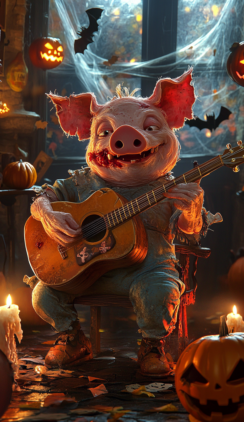 Zombie pig plays guitar in haunted house