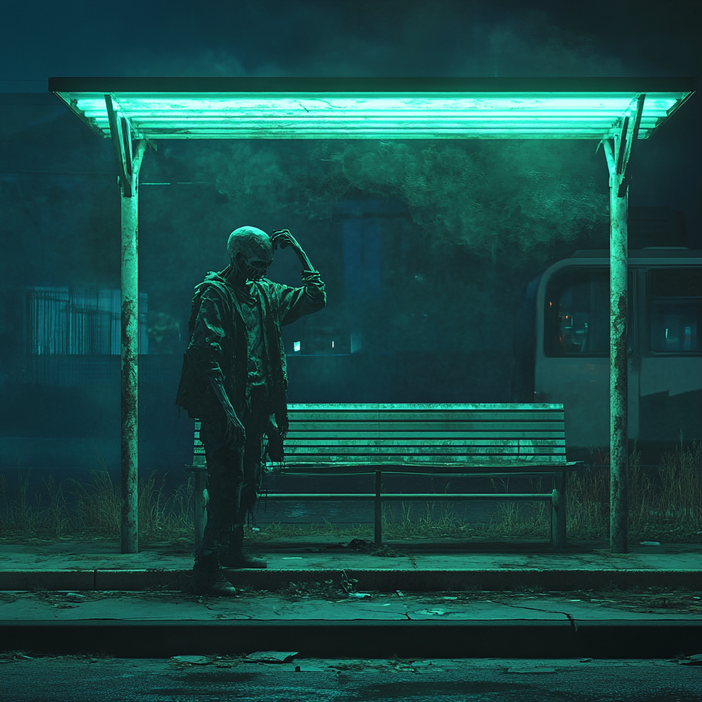 Zombie without head at bus stop at night