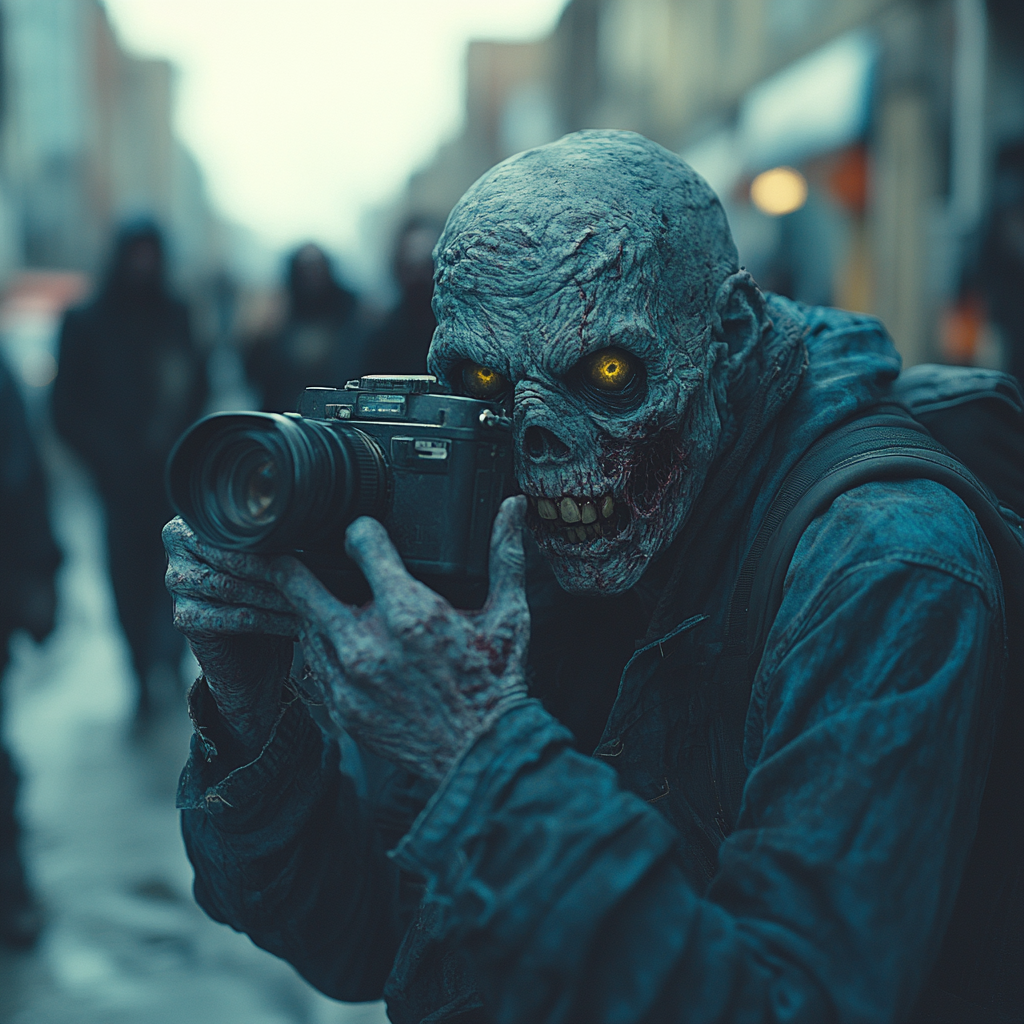 Zombies in Big City Taking Photos of Injured Man.