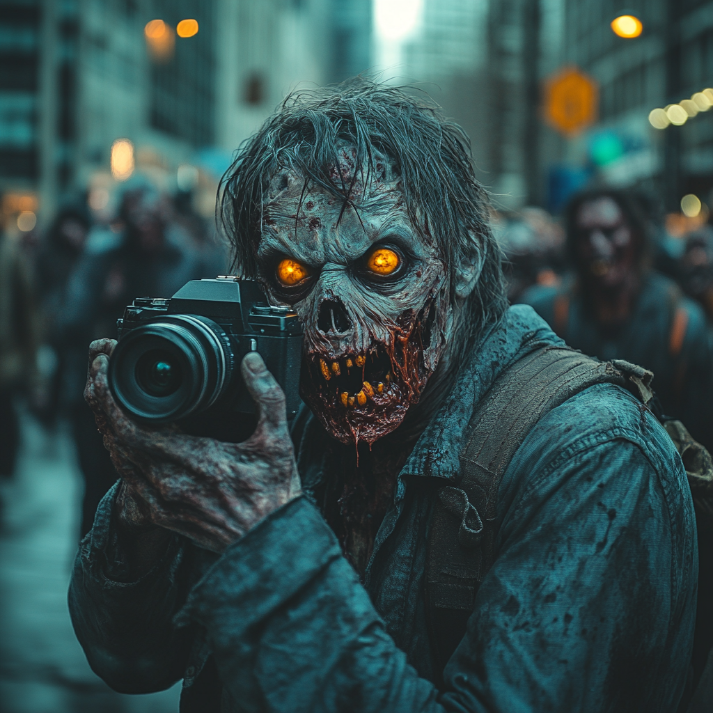 Zombies in City Taking Photos of Hurt Man.