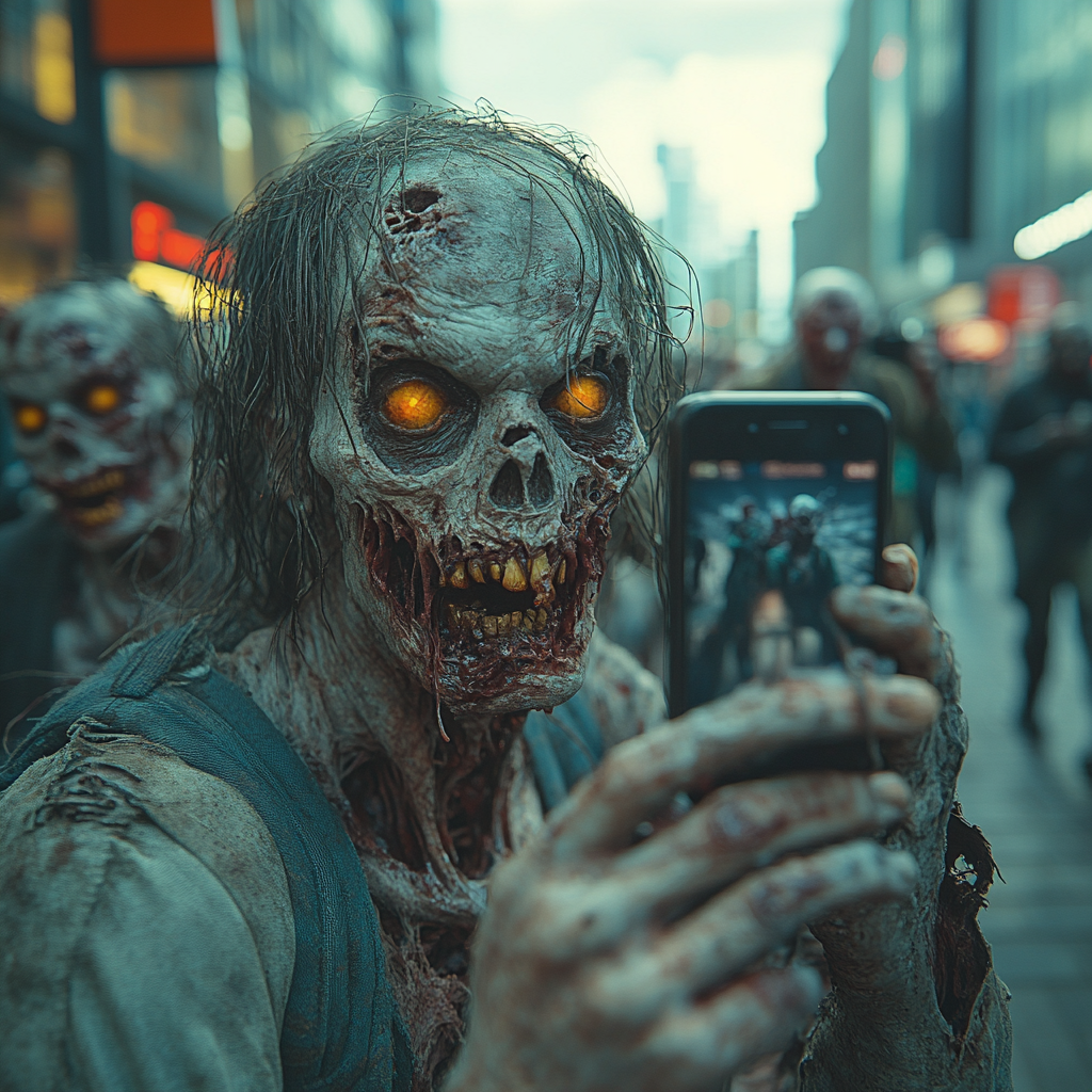 Zombies in city taking pictures of injured man.