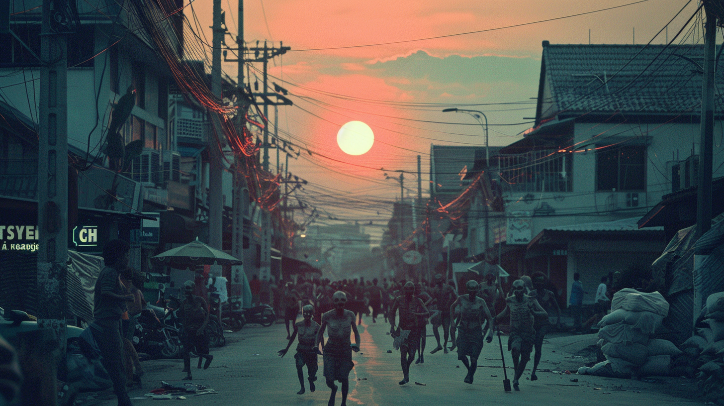 Zombies running at dawn in Bangkok, pastel colors.