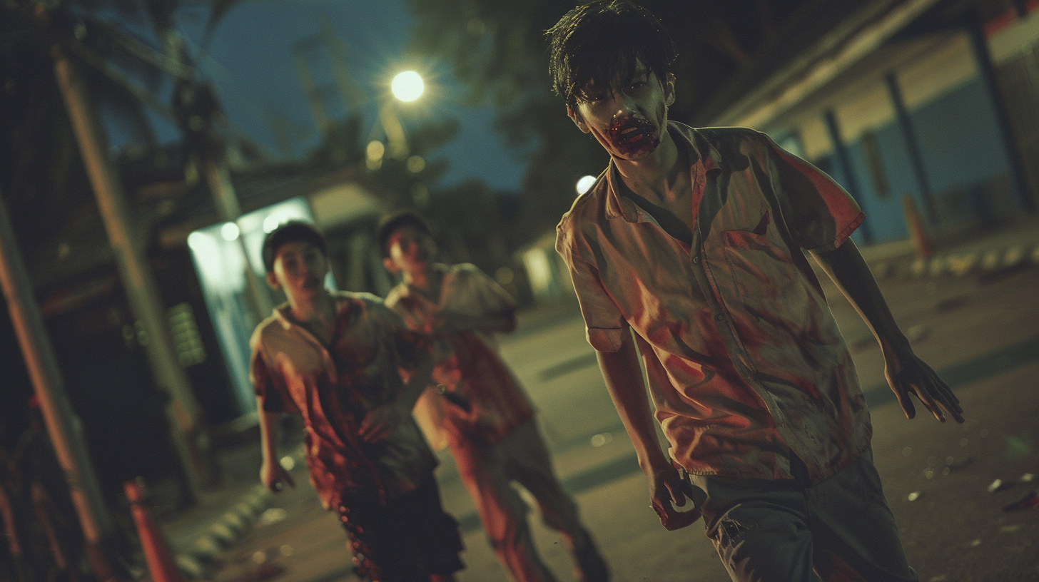 Zombies running under pink moon in Bangkok school.