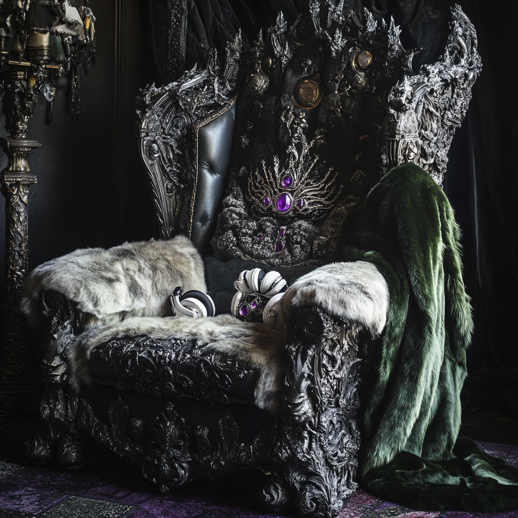 Zoomed throne chair with grey coat and King's crown.