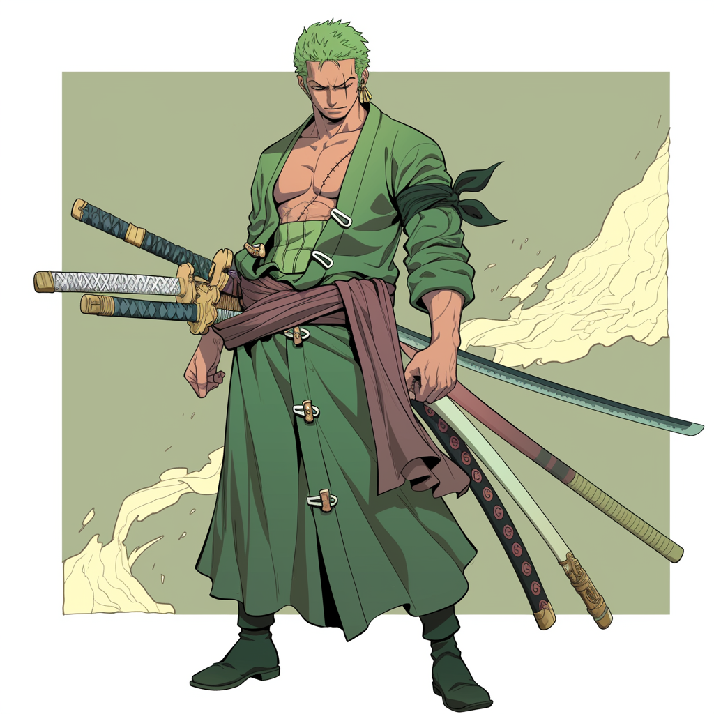 Zoro from One Piece in Studio Ghibli style.