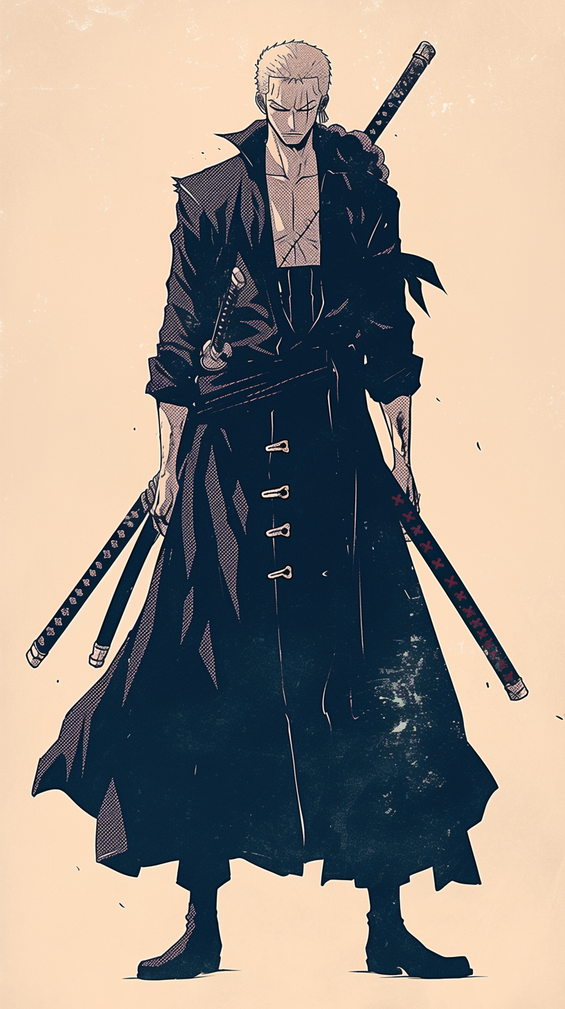 Zoro from One Piece in gothic anime style.