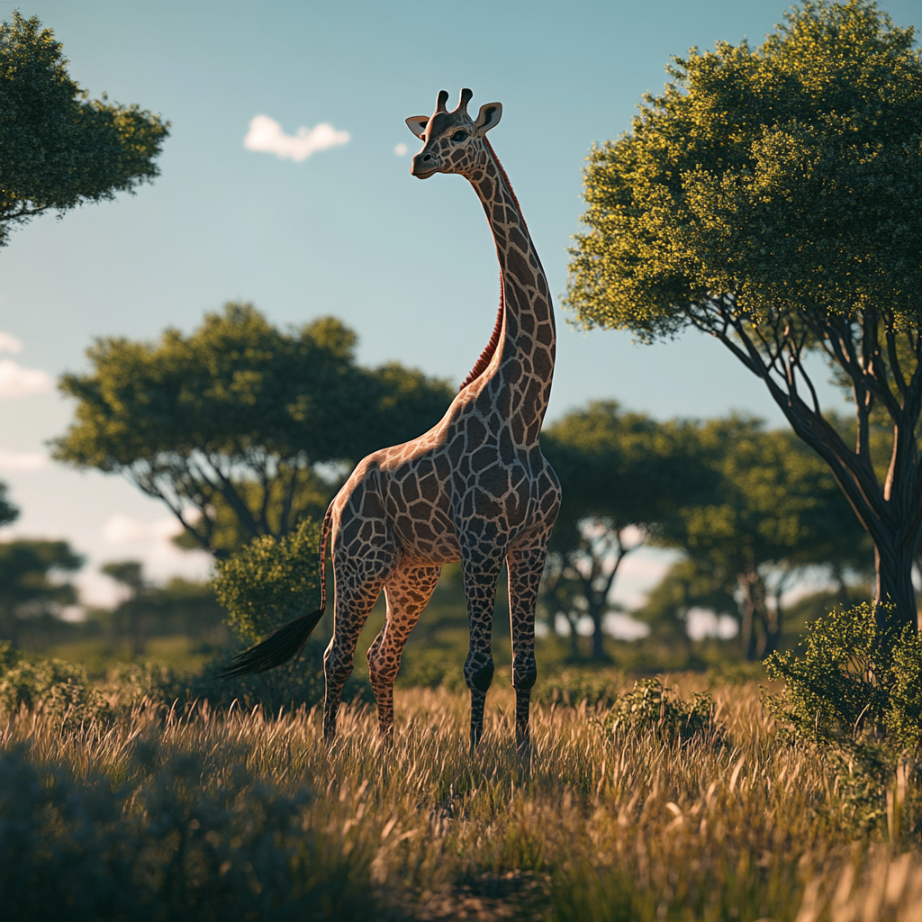 Zuma the giraffe stands majestically under bright sunny sky.