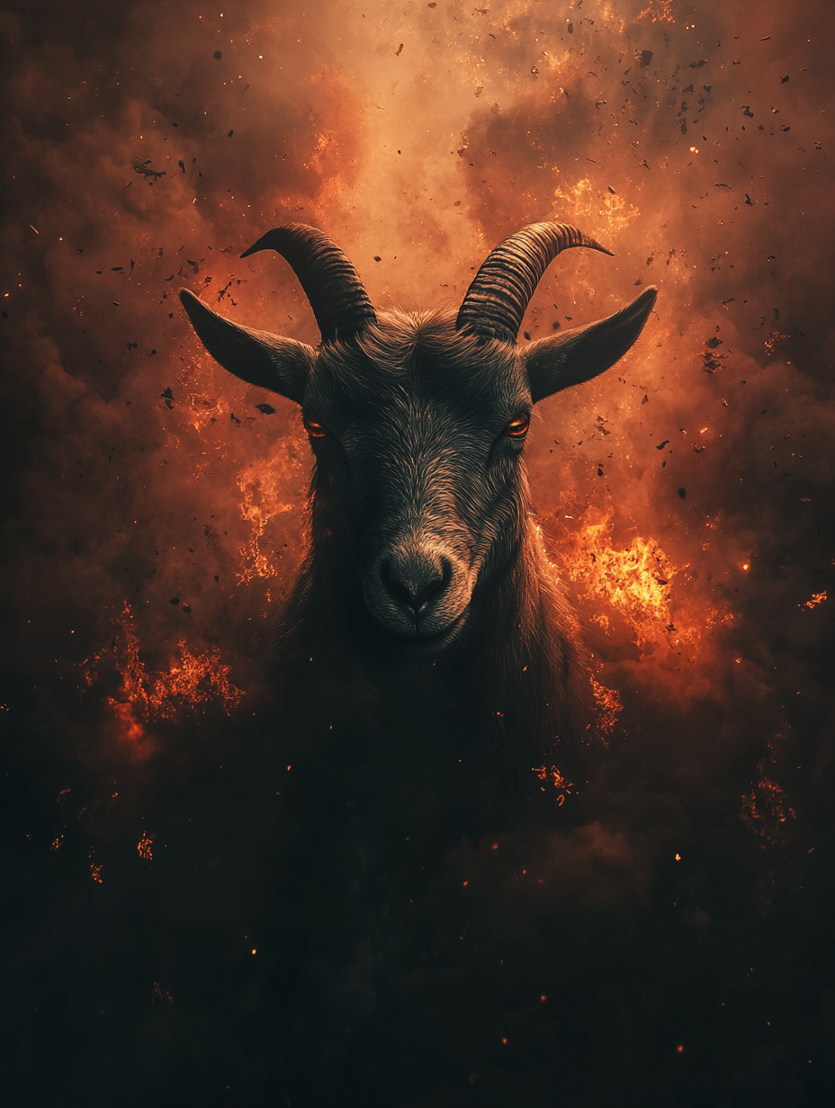 a distant goat gazes during apocalypse, gods and demons.