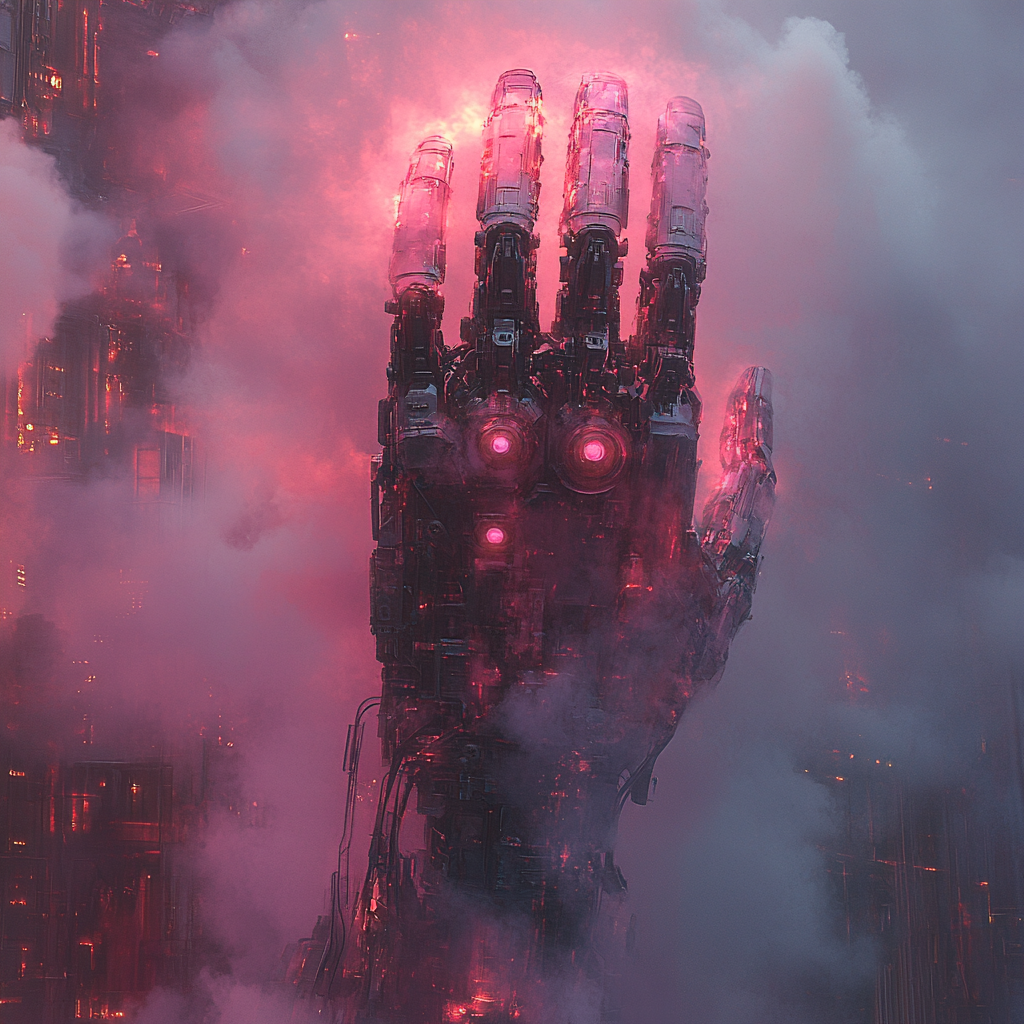 a robotich mechhand with a burning robotic mech hand