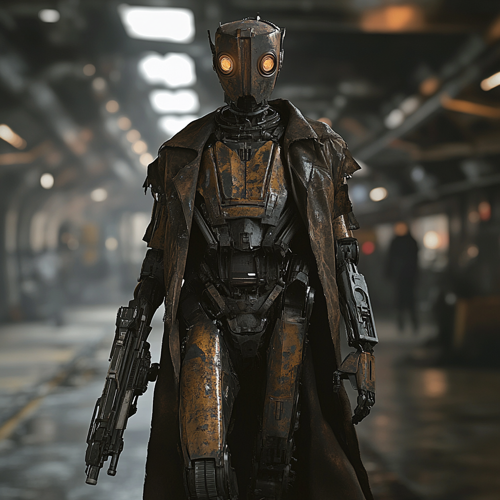 a worn metal warrior droid in dark trench coat