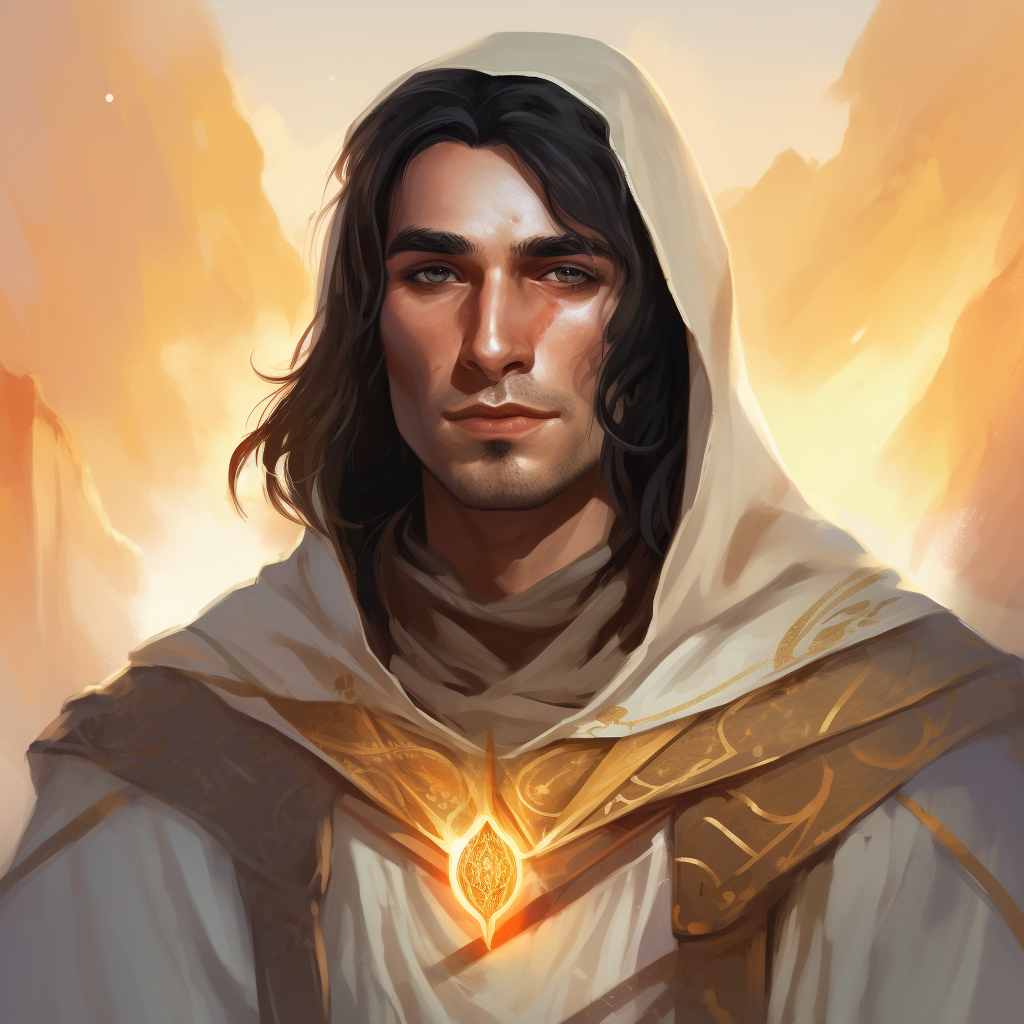 Aasimar Warlock with Golden Amber Eyes and Black Hair