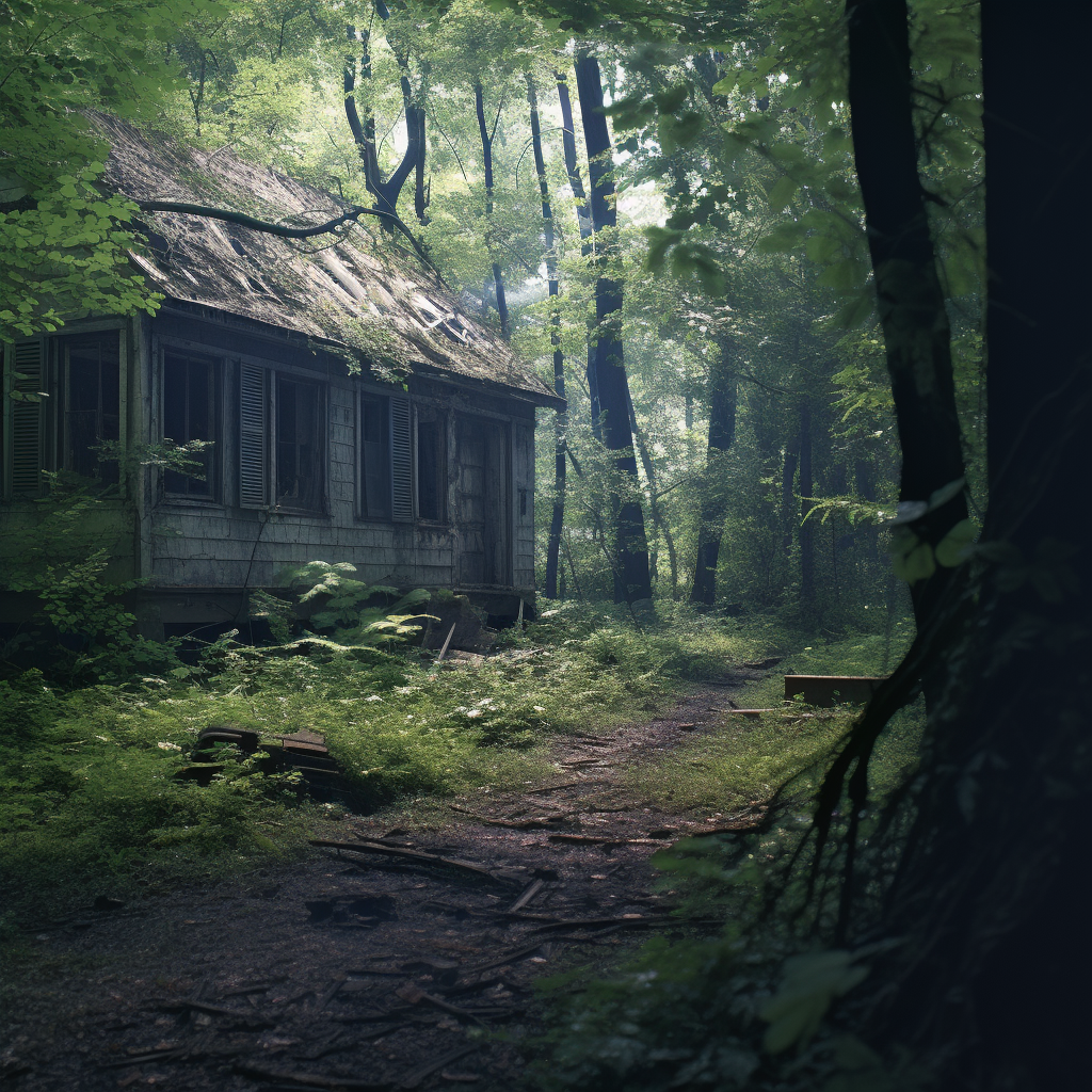 Overgrown abandoned brick house in the woods