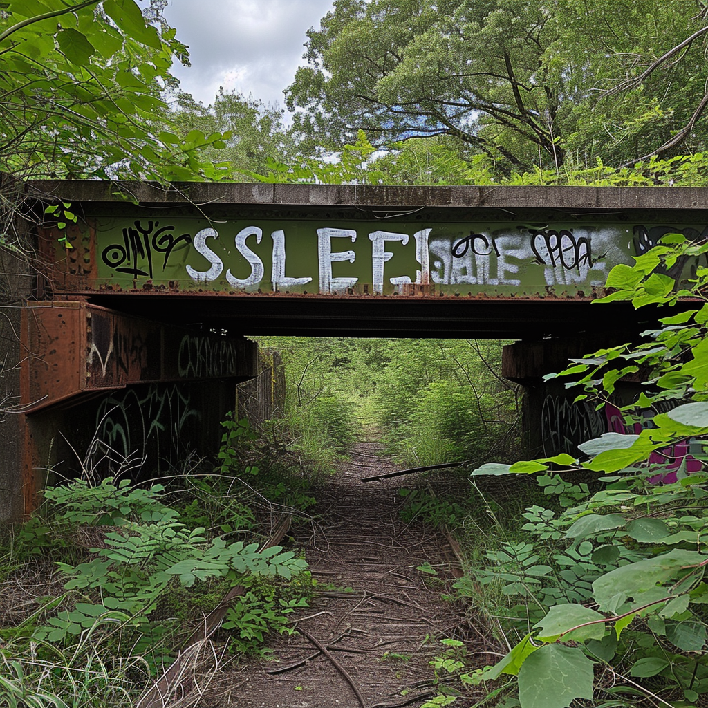 Overgrown abandoned bridge with silver graffiti spelling  SLEFS