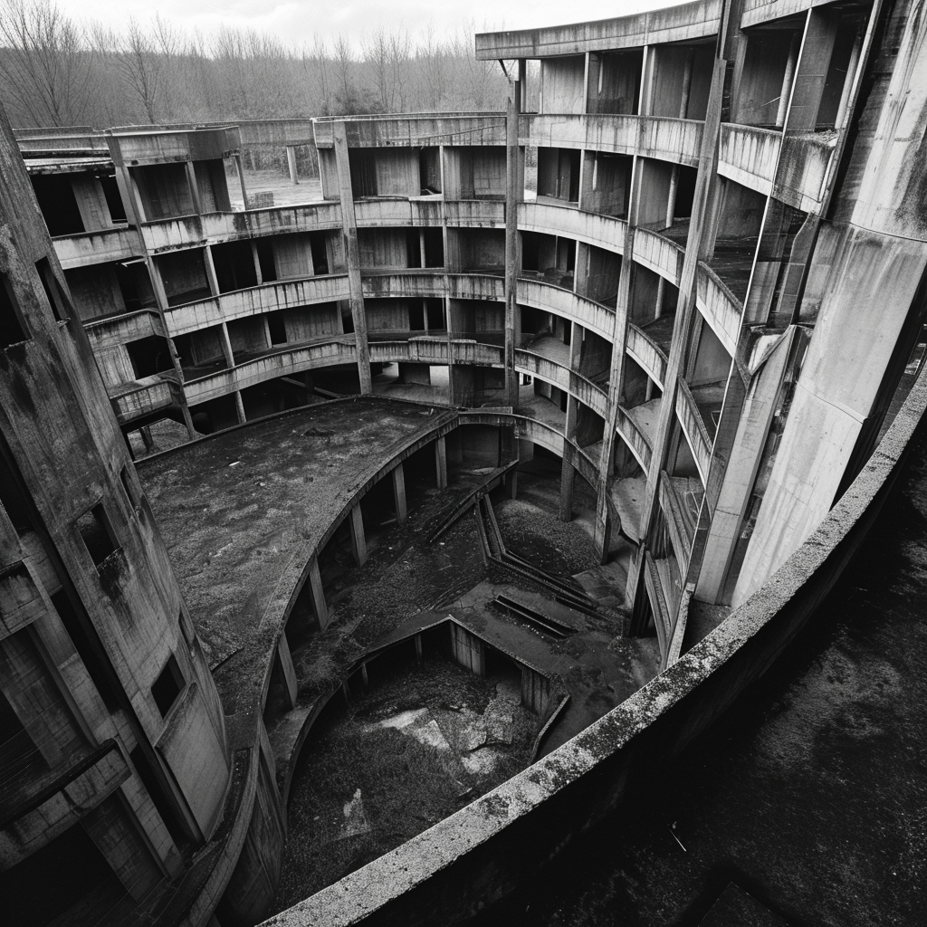 Abandoned Brutalist Complex from an Aerial View