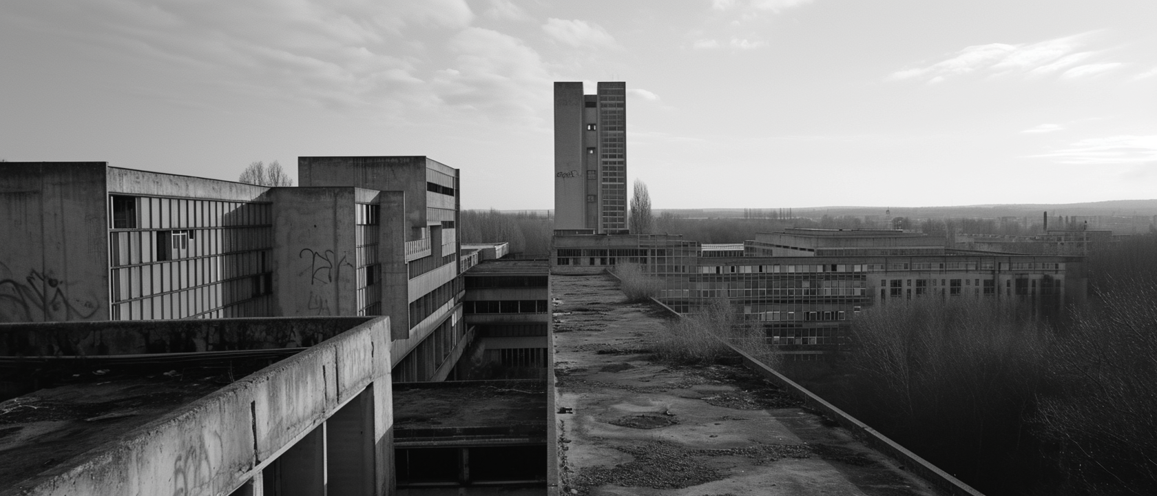 Abandoned Brutalist Architecture Complex Skyline