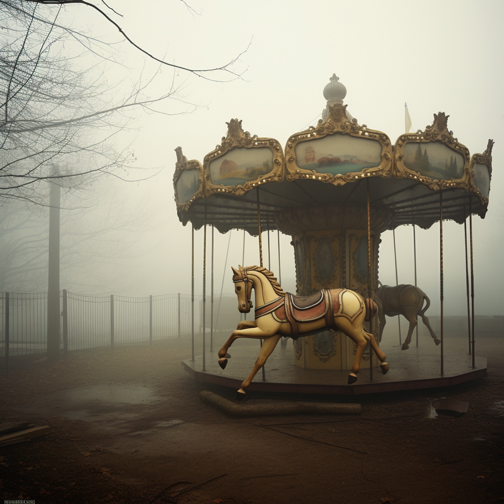 Abandoned schoolyard carousel horse in fog