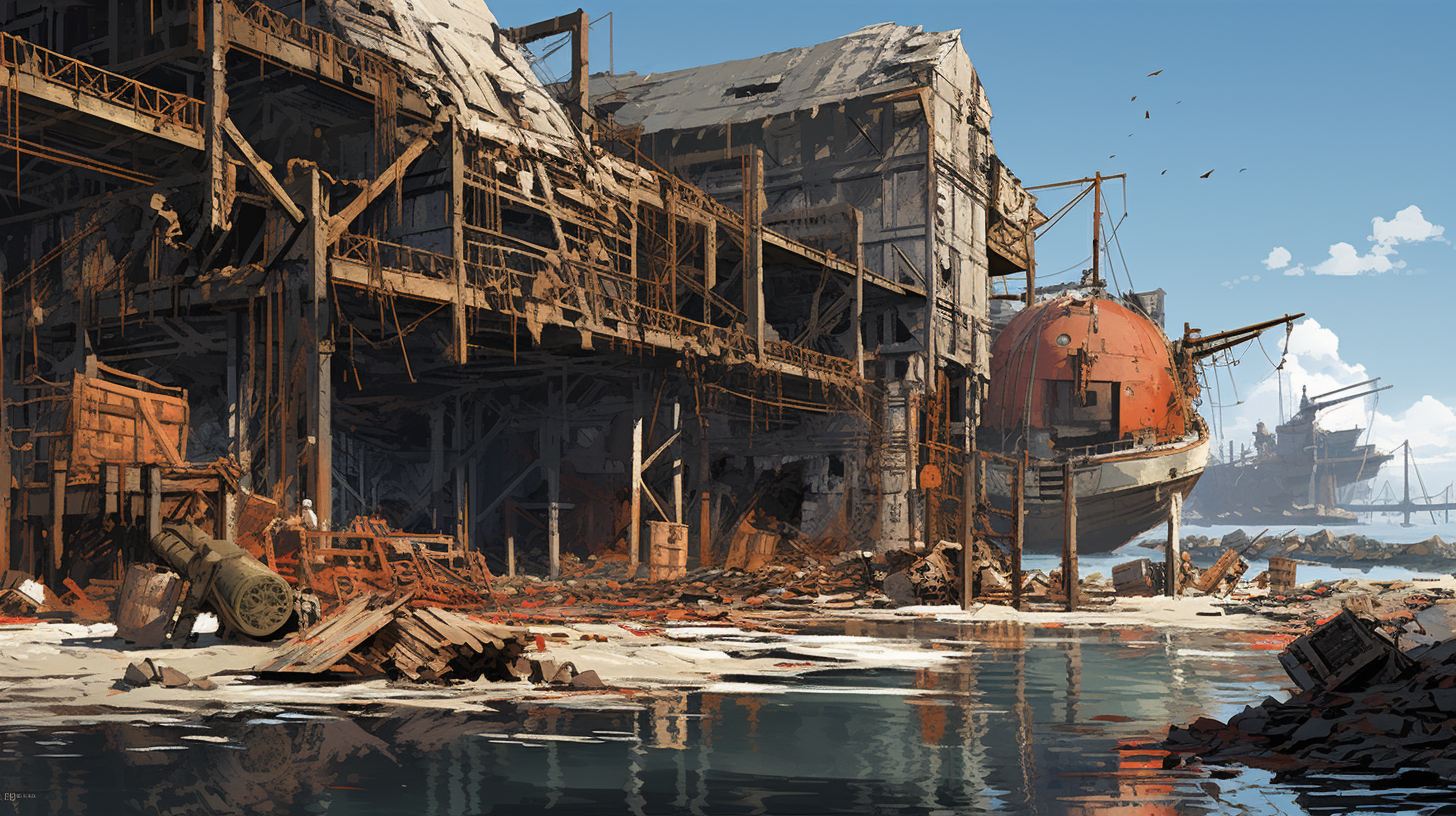 Abandoned warehouse on docks with debris