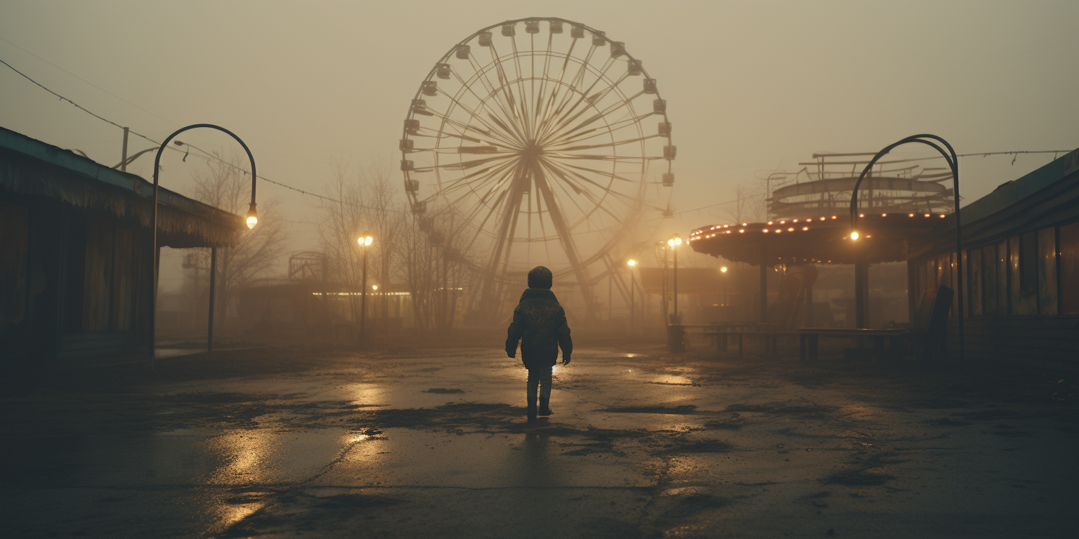 Young Boy Running in Abandoned Fairground