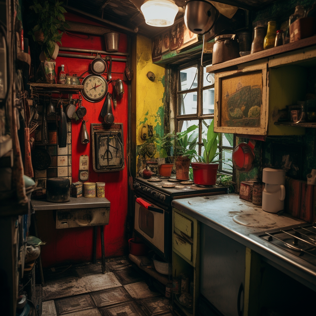 abandoned favela apartment kitchen scene